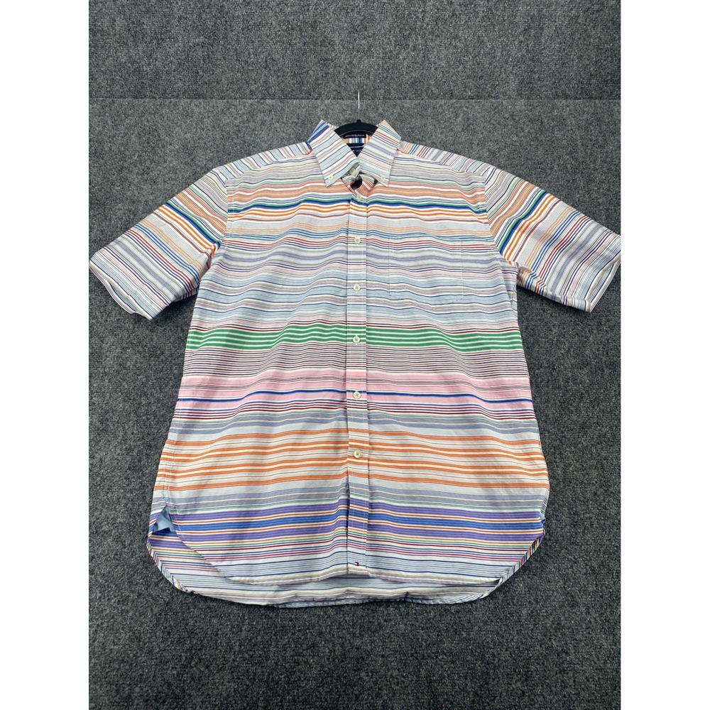 Tommy Hilfiger Mens M Multi Color Striped Short Sleeve Button Down Shirt Cotton
